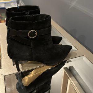 SAKS FIFTH AVENUE BLACK SUEDE LEATHER BUCKLE ANKLE BOOTIE POINTED TOE